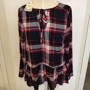 Entro Women’s S Blouse NEW Red Black Plaid Peplum Ruffle Western Boxy Shirt Top